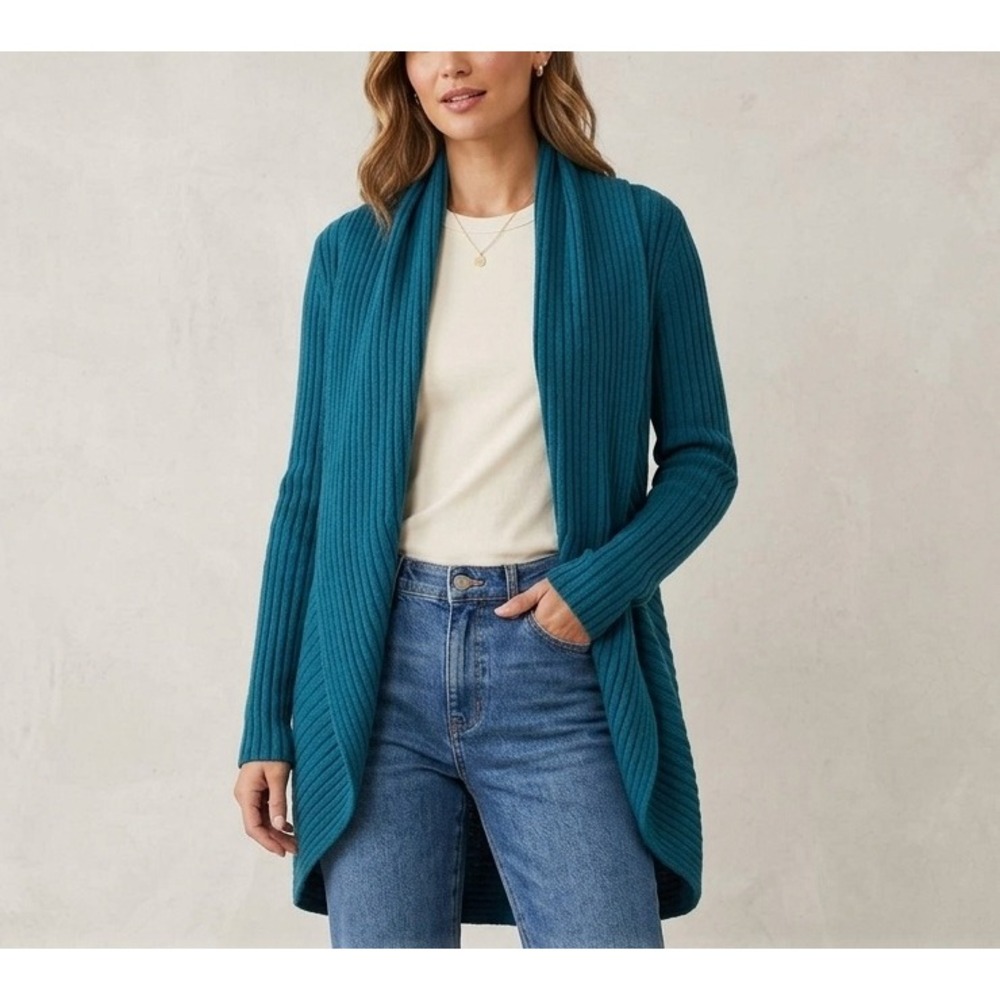 La Llama Teal‎ Alpaca Wool Blend Ribbed Shawl Collar Open Front Cardigan M